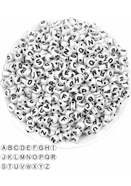 50 gr Harf Boncuk 4x7mm Yassı Beyaz Üzeri Siyah Harf Boncuk (50 gr~325-375 Adet)