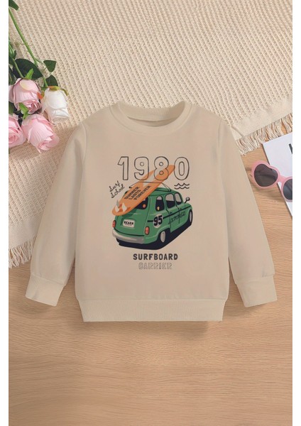 Trend Premium Surfboard Nostaljik Araba Baskılı Oversize Kapüşonlu Çocuk Sweatshirt 13684