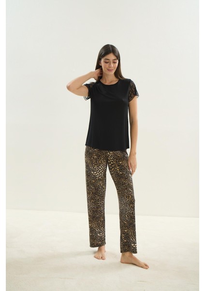 Kadın Uzun Kol Dantel Detaylı Viscone Siyah Pijama Takım 16033 modelleri