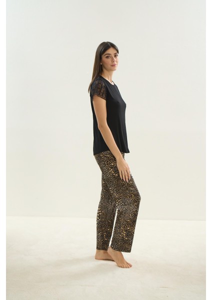 Kadın Uzun Kol Dantel Detaylı Viscone Siyah Pijama Takım 16033 fırsatları