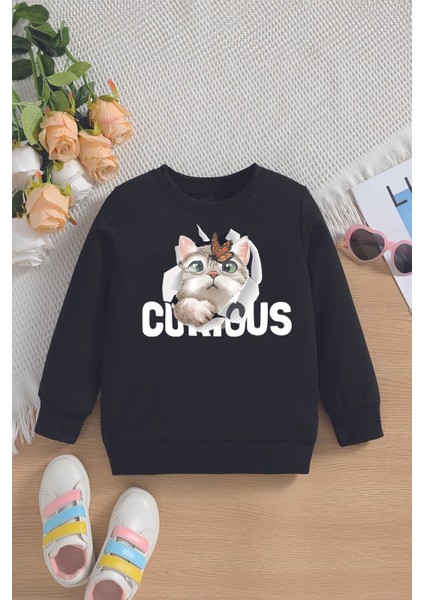 Yeni Sezon Curious Yazılı Kedicik Baskılı Oversize Kapüşonlu Çocuk Sweatshirt 14609