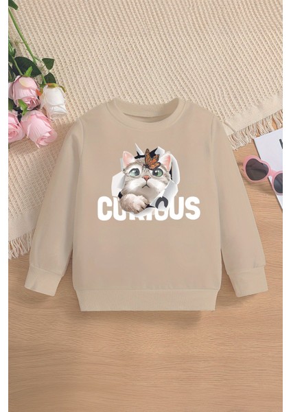 Yeni Sezon Curious Yazılı Kedicik Baskılı Oversize Kapüşonlu Çocuk Sweatshirt 14609