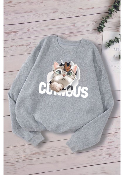 Yeni Sezon Curious Yazılı Kedicik Baskılı Oversize Kapüşonlu Çocuk Sweatshirt 14609