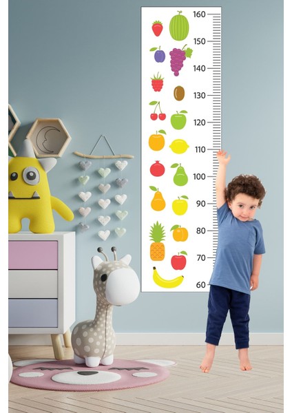 Renkli meyve temalı çocuk odası boy ölçme cetveli, duvar süsü, eğlenceli ve kullanışlı