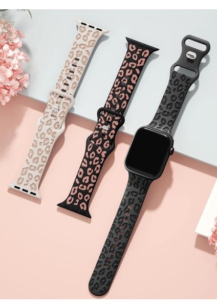 Apple Watch 6 7 8 9 10 Se Uyumlu 40-41-42MM(SADECE Seri 10) Leopar Desenli Silikon Kordon modelleri