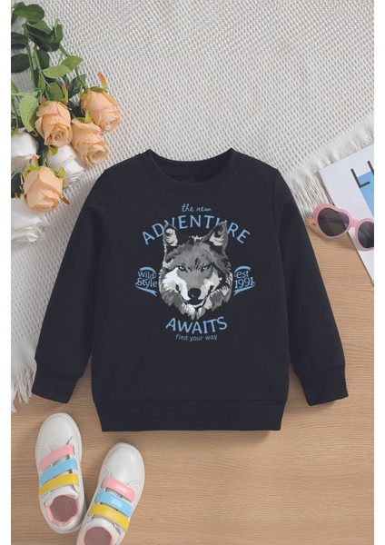 Yeni Sezon Adventure Yazılı Kurt Baskılı Baskılı Oversize Kapüşonlu Çocuk Sweatshirt 14634