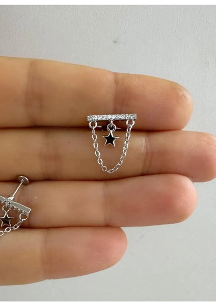 Arescollection 1 Adet Zirkon Taşlı Zincirli Flat Helix Lobe Kıkırdak Uyumlu Piercing Küpe