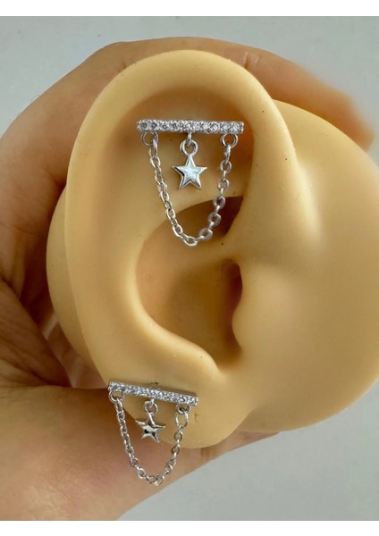 Arescollection 1 Adet Zirkon Taşlı Zincirli Flat Helix Lobe Kıkırdak Uyumlu Piercing Küpe