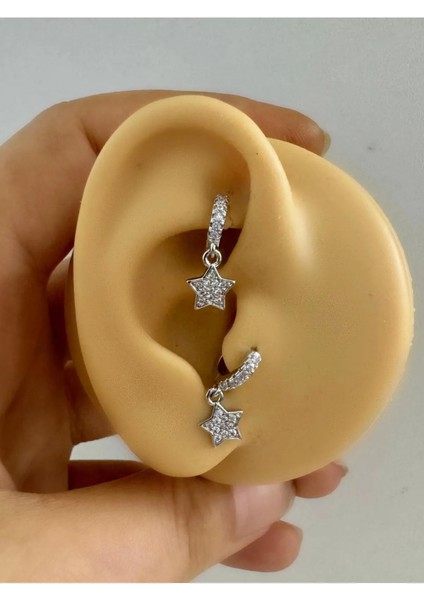 Arescollection 1 Adet Zirkon Taşlı Yıldız Sallantılı Tragus Rook Uyumlu Minimal Halka Piercing Küpe