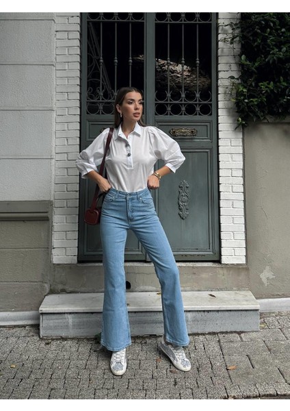 Kadın Yüksek Bel Taş Detay Boot Cut Jean Pantolon