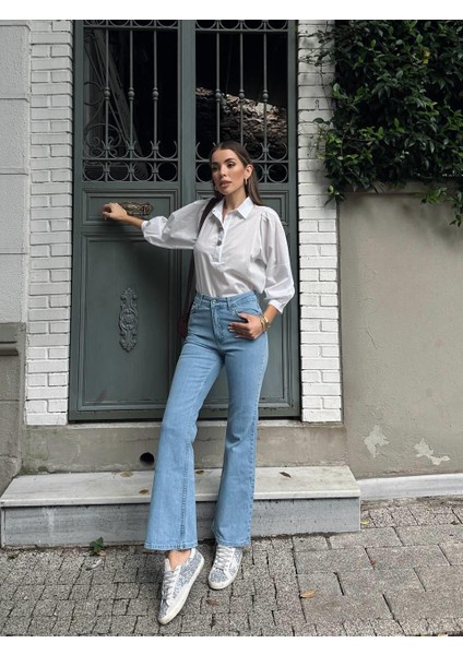 Kadın Yüksek Bel Taş Detay Boot Cut Jean Pantolon