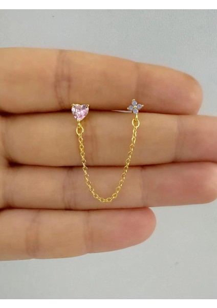 Arescollection 1 Adet Pembe Kalpli Mavi Çiçekli Zincir Bağlantılı Helix Kıkırdak Lobe Uyumlu Piercing Küpe