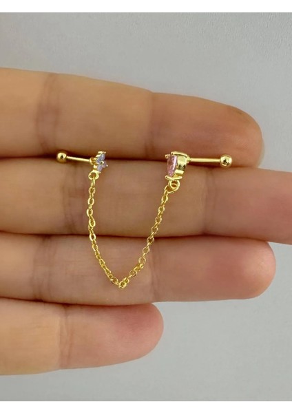 Arescollection 1 Adet Pembe Kalpli Mavi Çiçekli Zincir Bağlantılı Helix Kıkırdak Lobe Uyumlu Piercing Küpe