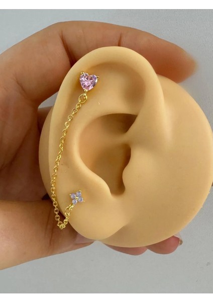 Arescollection 1 Adet Pembe Kalpli Mavi Çiçekli Zincir Bağlantılı Helix Kıkırdak Lobe Uyumlu Piercing Küpe