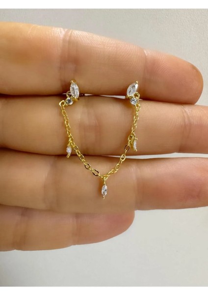 Arescollection Zirkon Taşlı 1 Adet Zincir Bağlantılı Ikili Kıkırdak Kulak Memesi Uyumlu Piercing Küpe