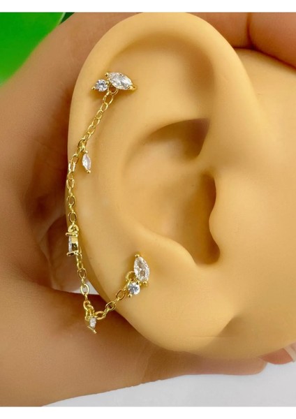 Arescollection Zirkon Taşlı 1 Adet Zincir Bağlantılı Ikili Kıkırdak Kulak Memesi Uyumlu Piercing Küpe