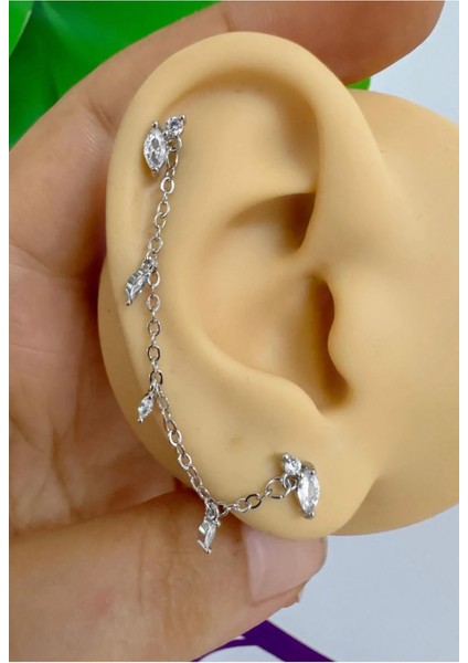 Arescollection Zirkon Taşlı 1 Adet Zincir Bağlantılı Ikili Kıkırdak Kulak Memesi Uyumlu Piercing Küpe
