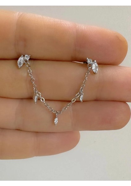 Arescollection Zirkon Taşlı 1 Adet Zincir Bağlantılı Ikili Kıkırdak Kulak Memesi Uyumlu Piercing Küpe
