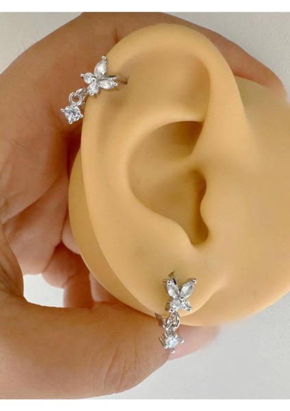 Arescollection 1 Adet Zirkon Taşlı Sallantılı Kelebek Helix Kıkırdak Lobe Uyumlu Piercing Küpe