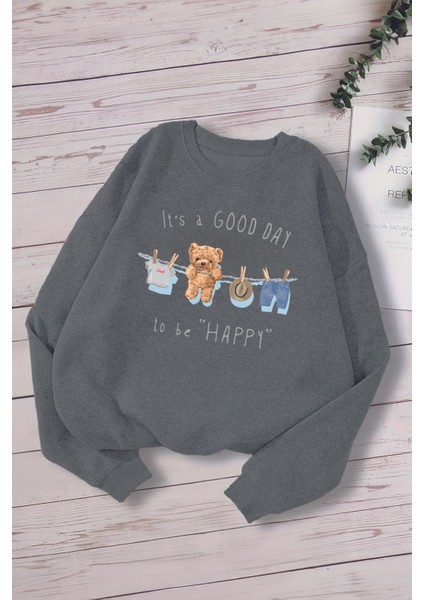 Yeni Sezon It's A Good Day To Be Happy Yazılı Oversize Kapüşonlu Çocuk Sweatshirt 13586