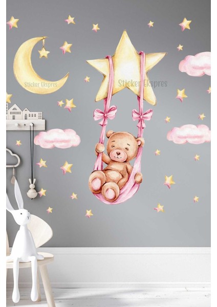 Yıldızda Sallanan Kız Ayıcık Çocuk Odası Duvar Sticker Seti fiyatları
