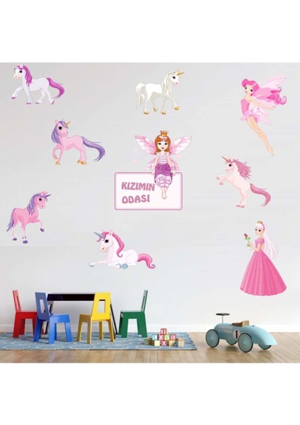 Kızımın Odası Prensesler ve Unicorn Atlar Kız Çocuk Odası Duvar Sticker Seti modelleri