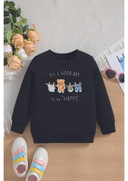 Yeni Sezon It's A Good Day To Be Happy Yazılı Oversize Kapüşonlu Çocuk Sweatshirt 13586