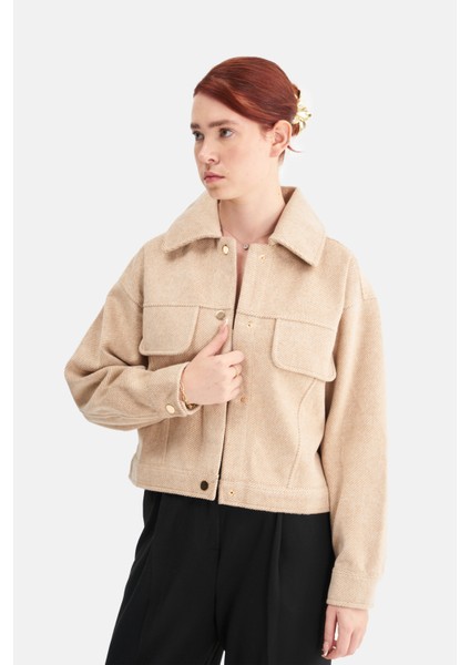 Kadın Kaşe Geniş Yaka Crop Ceket