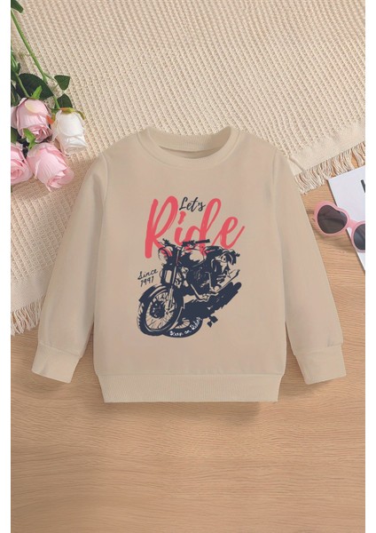 Yeni Sezon Let's Ride Yazılı Motosiklet Baskılı Oversize Kapüşonlu Çocuk Sweatshirt 13605