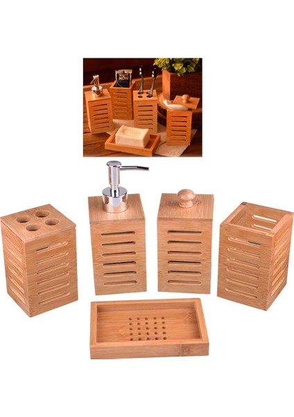 Bambu Banyo Aksesuar Seti 5 Parça Sıvı Sabunluk Fırçalık Pamukluk Vb. LB148