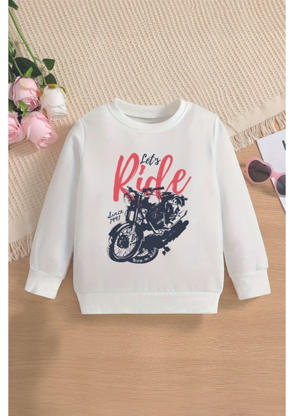 Yeni Sezon Let's Ride Yazılı Motosiklet Baskılı Oversize Kapüşonlu Çocuk Sweatshirt 13605