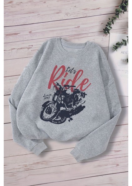 Yeni Sezon Let's Ride Yazılı Motosiklet Baskılı Oversize Kapüşonlu Çocuk Sweatshirt 13605