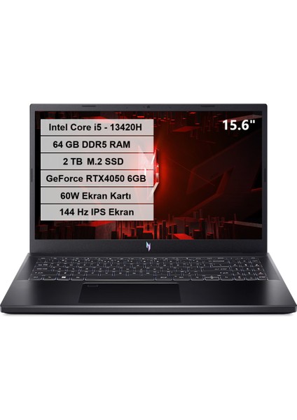 Nitro V 15 Intel Core I5 13420H 64 GB 2 Tb SSD Rtx 4050 6 GB Freedos 15.6" Fhd IPS Taşınabilir Bilgisayar NH.QNBEY.006