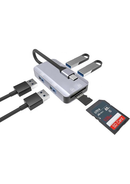 MT87 6in1 USB 3.1 Type-C Çoklayıcı Otg Kart Okuyucu Mac iPhone 15 16 ile Uyumlu Metal Kasa