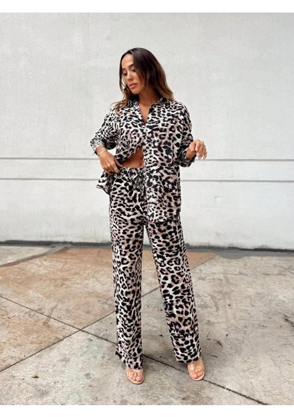 Kadın Leopar Desen Bel Lastikli Kahverengi Gömlek Pantolon Takım