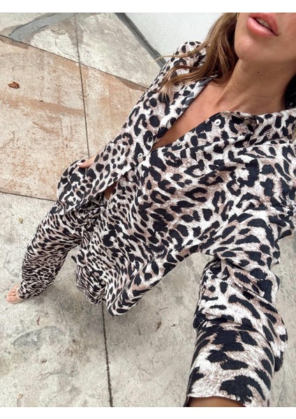 Kadın Leopar Desen Bel Lastikli Kahverengi Gömlek Pantolon Takım fiyatları