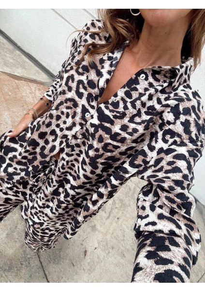 Kadın Leopar Desen Bel Lastikli Kahverengi Gömlek Pantolon Takım modelleri