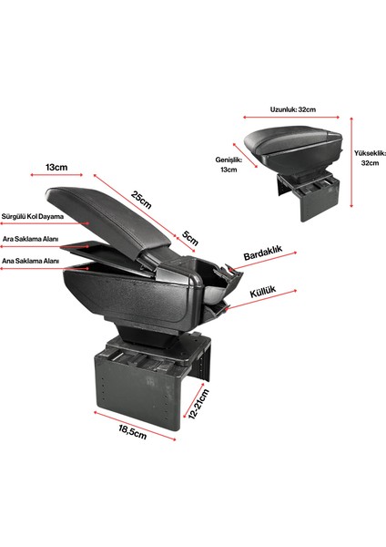 Universal Her Araca Uyumlu Sürgülü Kol Dayama Kolçak Bardaklık Ve Küllüklü