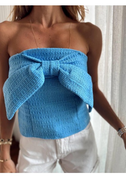 Kadın Tüvit Kumaş Fermuarlı Straplez Fiyonk Detaylı Mavi Büstiyer fırsatları