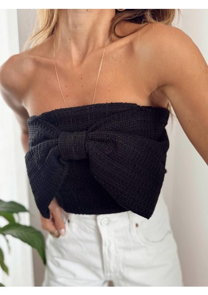 Kadın Tüvit Kumaş Fermuarlı Straplez Fiyonk Detaylı Siyah Büstiyer fiyatları