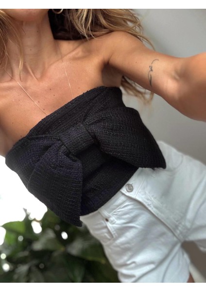 Kadın Tüvit Kumaş Fermuarlı Straplez Fiyonk Detaylı Siyah Büstiyer modelleri