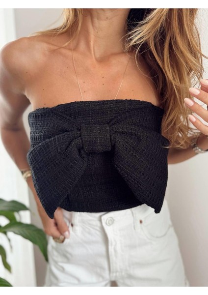 Kadın Tüvit Kumaş Fermuarlı Straplez Fiyonk Detaylı Siyah Büstiyer indirimleri