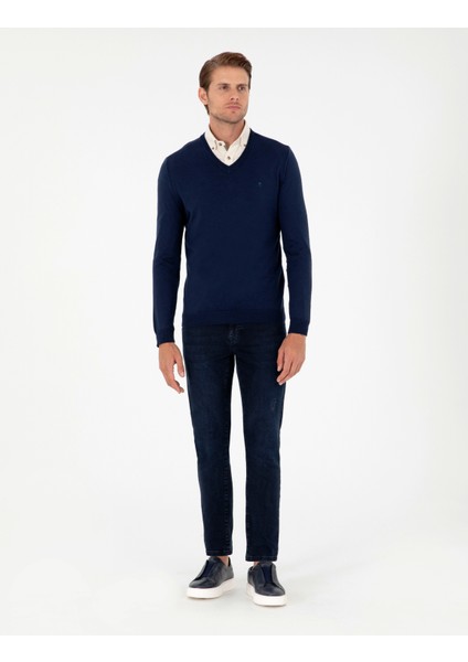 Pierre Cardin Erkek Açık Lacivert Slim Fit V Yaka Basic Triko Kazak 50296622-VR059