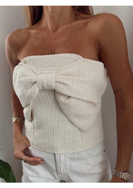 Kadın Tüvit Kumaş Fermuarlı Straplez Fiyonk Detaylı Ekru Büstiyer fiyatları
