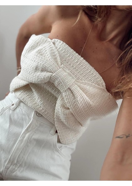 Kadın Tüvit Kumaş Fermuarlı Straplez Fiyonk Detaylı Ekru Büstiyer fırsatları