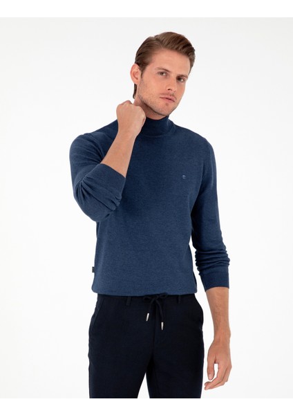 Erkek İndigo Melanj Slim Fit Yarım Balıkçı Yaka Basic Triko Kazak 50296614-VR155