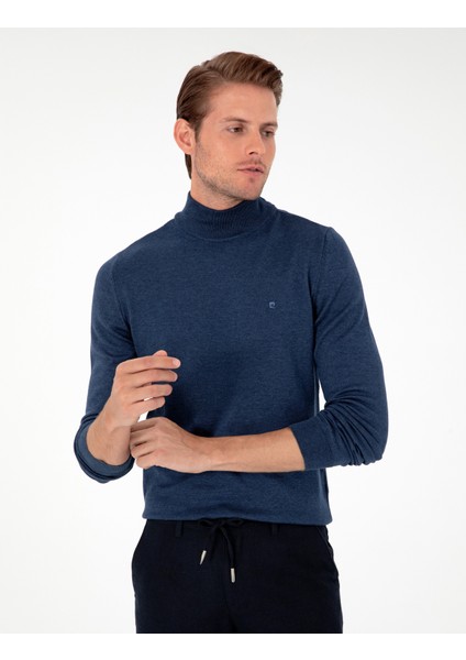 Erkek İndigo Melanj Slim Fit Yarım Balıkçı Yaka Basic Triko Kazak 50296614-VR155 modelleri