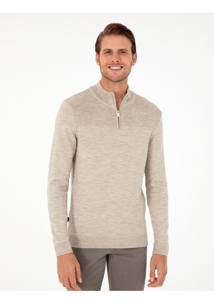 Erkek Kum Melanj Slim Fit Fermuarlı Dik Yaka Triko Kazak 50300532-VR123 modelleri