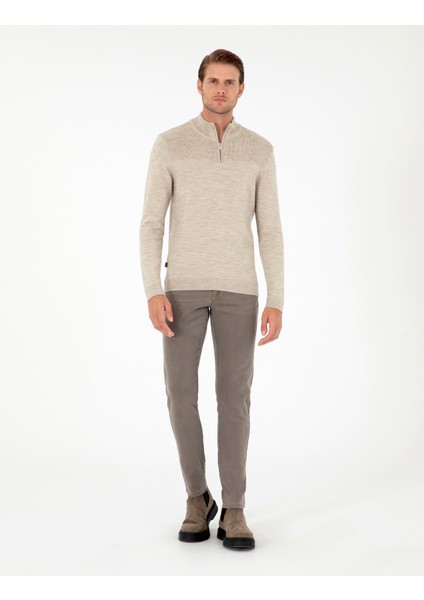 Erkek Kum Melanj Slim Fit Fermuarlı Dik Yaka Triko Kazak 50300532-VR123 fırsatları