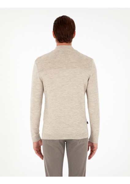 Erkek Kum Melanj Slim Fit Fermuarlı Dik Yaka Triko Kazak 50300532-VR123 indirimleri